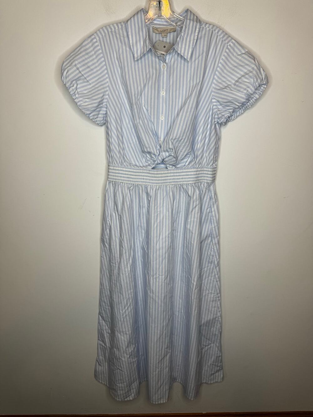 Loft Blue White Striped Midi Dress Puff Sleeve Button Front Tie Waist Size S